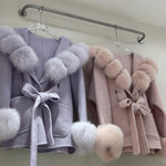 Tie-Waist Wool Jacket with Plush Ball Accents