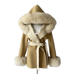 Hooded Belted Coat with Faux Fur Trim
