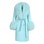 Long Belted Coat with Curly Shearling-Style Trim