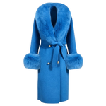 Long blue winter coat with furry sleeves