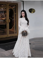 Dress High Neck Long Flare Sleeve A Line Floor Length Formal Wedding Evening Party Gowns