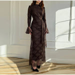 Sexy Lace Long Evening Dress Women Solid Patchwork Ribbon Flare Long Sleeve O-neck Female Dresses 2025 Spring Club Lady Robes