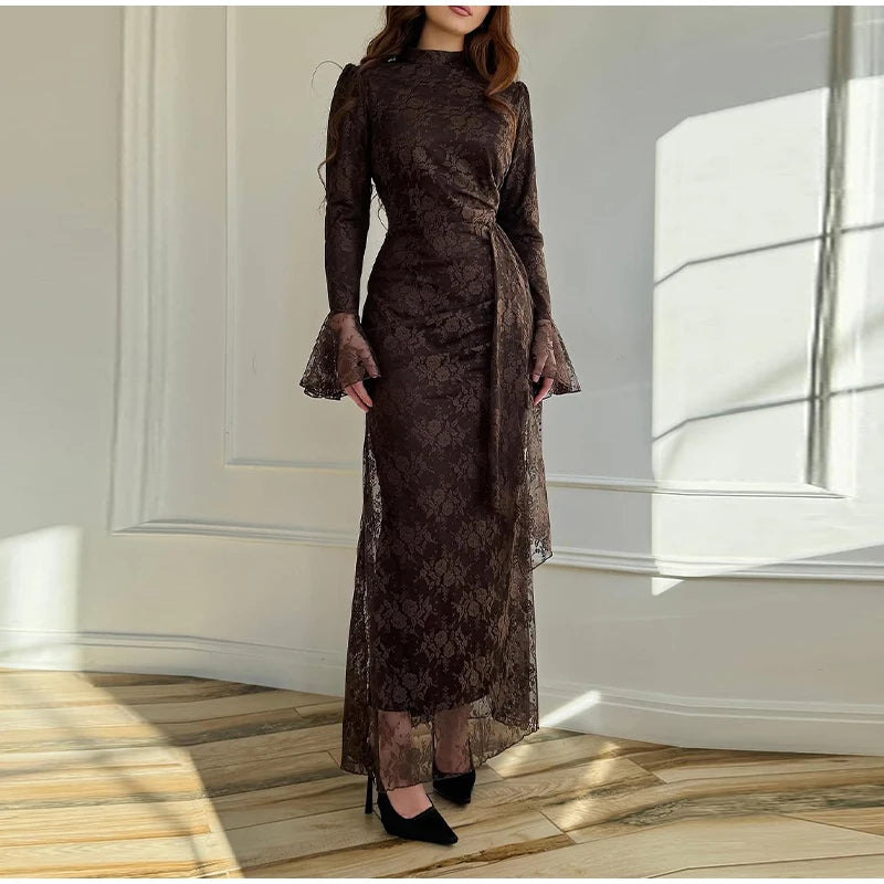Sexy Lace Long Evening Dress Women Solid Patchwork Ribbon Flare Long Sleeve O-neck Female Dresses 2025 Spring Club Lady Robes