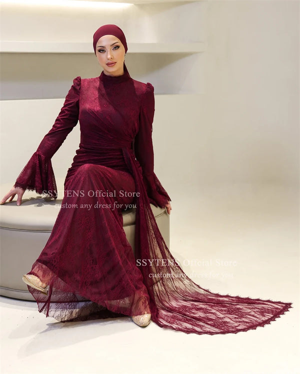 Dresses Mermaid Modest Long Sleeves Lace Prom Party Gowns Luxury Gala Robe De Soiree Femmes