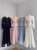 LGRQ French Chic Style Floral Collar Single Breasted Blazer Coat With Maxi Pleated Skirts Female Elegant Sets Trendy Clothing