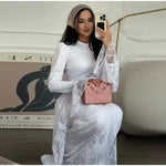 Sexy Lace Long Evening Dress Women Solid Patchwork Ribbon Flare Long Sleeve O-neck Female Dresses 2025 Spring Club Lady Robes