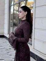 Sexy Lace Long Evening Dress Women Solid Patchwork Ribbon Flare Long Sleeve O-neck Female Dresses 2025 Spring Club Lady Robes