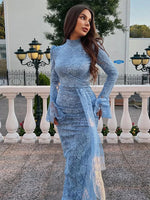 Sexy Lace Long Evening Dress Women Solid Patchwork Ribbon Flare Long Sleeve O-neck Female Dresses 2025 Spring Club Lady Robes