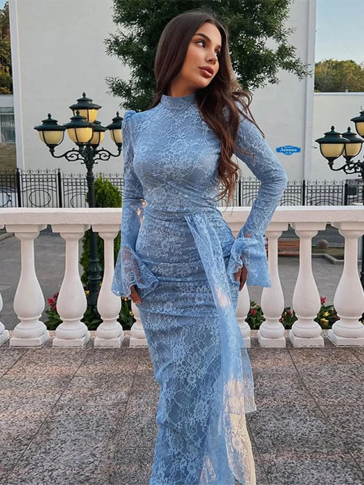 Sexy Lace Long Evening Dress Women Solid Patchwork Ribbon Flare Long Sleeve O-neck Female Dresses 2025 Spring Club Lady Robes