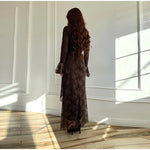Sexy Lace Long Evening Dress Women Solid Patchwork Ribbon Flare Long Sleeve O-neck Female Dresses 2025 Spring Club Lady Robes