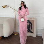 Sexy Lace Long Evening Dress Women Solid Patchwork Ribbon Flare Long Sleeve O-neck Female Dresses 2025 Spring Club Lady Robes