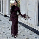 Sexy Lace Long Evening Dress Women Solid Patchwork Ribbon Flare Long Sleeve O-neck Female Dresses 2025 Spring Club Lady Robes