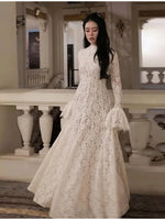 Dress High Neck Long Flare Sleeve A Line Floor Length Formal Wedding Evening Party Gowns