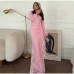 Sexy Lace Long Evening Dress Women Solid Patchwork Ribbon Flare Long Sleeve O-neck Female Dresses 2025 Spring Club Lady Robes