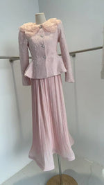 LGRQ French Chic Style Floral Collar Single Breasted Blazer Coat With Maxi Pleated Skirts Female Elegant Sets Trendy Clothing