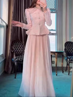 LGRQ French Chic Style Floral Collar Single Breasted Blazer Coat With Maxi Pleated Skirts Female Elegant Sets Trendy Clothing