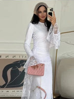 Sexy Lace Long Evening Dress Women Solid Patchwork Ribbon Flare Long Sleeve O-neck Female Dresses 2025 Spring Club Lady Robes