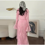 Sexy Lace Long Evening Dress Women Solid Patchwork Ribbon Flare Long Sleeve O-neck Female Dresses 2025 Spring Club Lady Robes