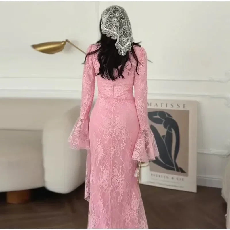 Sexy Lace Long Evening Dress Women Solid Patchwork Ribbon Flare Long Sleeve O-neck Female Dresses 2025 Spring Club Lady Robes