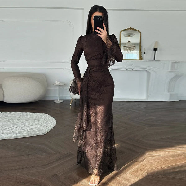 Sexy Lace Long Evening Dress Women Solid Patchwork Ribbon Flare Long Sleeve O-neck Female Dresses 2025 Spring Club Lady Robes