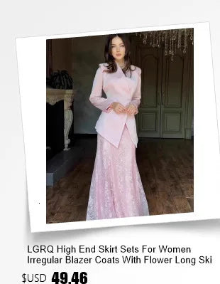 LGRQ معطف بليزر فرنسي أنيق بياقة مزينة بالزهور وصف أزرار واحد مع تنانير ماكسي مطوية، أطقم نسائية أنيقة وملابس عصرية