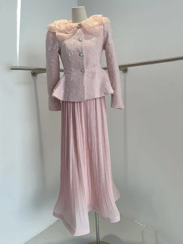 LGRQ French Chic Style Floral Collar Single Breasted Blazer Coat With Maxi Pleated Skirts Female Elegant Sets Trendy Clothing