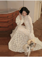 Dress High Neck Long Flare Sleeve A Line Floor Length Formal Wedding Evening Party Gowns