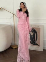 Sexy Lace Long Evening Dress Women Solid Patchwork Ribbon Flare Long Sleeve O-neck Female Dresses 2025 Spring Club Lady Robes