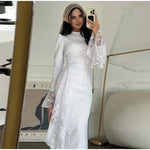 Sexy Lace Long Evening Dress Women Solid Patchwork Ribbon Flare Long Sleeve O-neck Female Dresses 2025 Spring Club Lady Robes