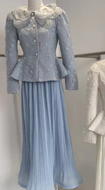 LGRQ French Chic Style Floral Collar Single Breasted Blazer Coat With Maxi Pleated Skirts Female Elegant Sets Trendy Clothing