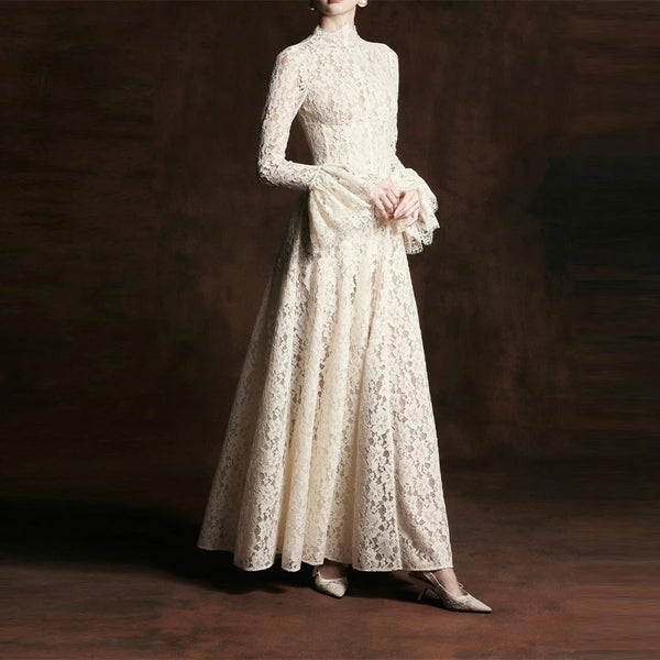 Dress High Neck Long Flare Sleeve A Line Floor Length Formal Wedding Evening Party Gowns