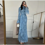 Sexy Lace Long Evening Dress Women Solid Patchwork Ribbon Flare Long Sleeve O-neck Female Dresses 2025 Spring Club Lady Robes