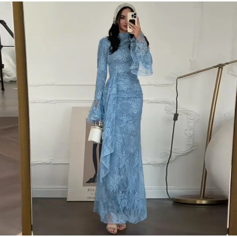 Sexy Lace Long Evening Dress Women Solid Patchwork Ribbon Flare Long Sleeve O-neck Female Dresses 2025 Spring Club Lady Robes