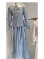 LGRQ French Chic Style Floral Collar Single Breasted Blazer Coat With Maxi Pleated Skirts Female Elegant Sets Trendy Clothing