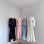 LGRQ French Chic Style Floral Collar Single Breasted Blazer Coat With Maxi Pleated Skirts Female Elegant Sets Trendy Clothing