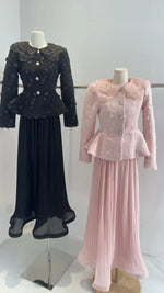 LGRQ French Chic Style Floral Collar Single Breasted Blazer Coat With Maxi Pleated Skirts Female Elegant Sets Trendy Clothing
