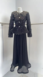 LGRQ French Chic Style Floral Collar Single Breasted Blazer Coat With Maxi Pleated Skirts Female Elegant Sets Trendy Clothing