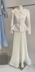 LGRQ French Chic Style Floral Collar Single Breasted Blazer Coat With Maxi Pleated Skirts Female Elegant Sets Trendy Clothing