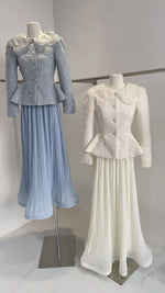 LGRQ French Chic Style Floral Collar Single Breasted Blazer Coat With Maxi Pleated Skirts Female Elegant Sets Trendy Clothing