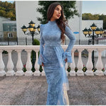 Sexy Lace Long Evening Dress Women Solid Patchwork Ribbon Flare Long Sleeve O-neck Female Dresses 2025 Spring Club Lady Robes