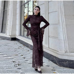 Sexy Lace Long Evening Dress Women Solid Patchwork Ribbon Flare Long Sleeve O-neck Female Dresses 2025 Spring Club Lady Robes