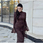 Sexy Lace Long Evening Dress Women Solid Patchwork Ribbon Flare Long Sleeve O-neck Female Dresses 2025 Spring Club Lady Robes