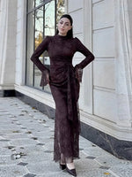 Sexy Lace Long Evening Dress Women Solid Patchwork Ribbon Flare Long Sleeve O-neck Female Dresses 2025 Spring Club Lady Robes