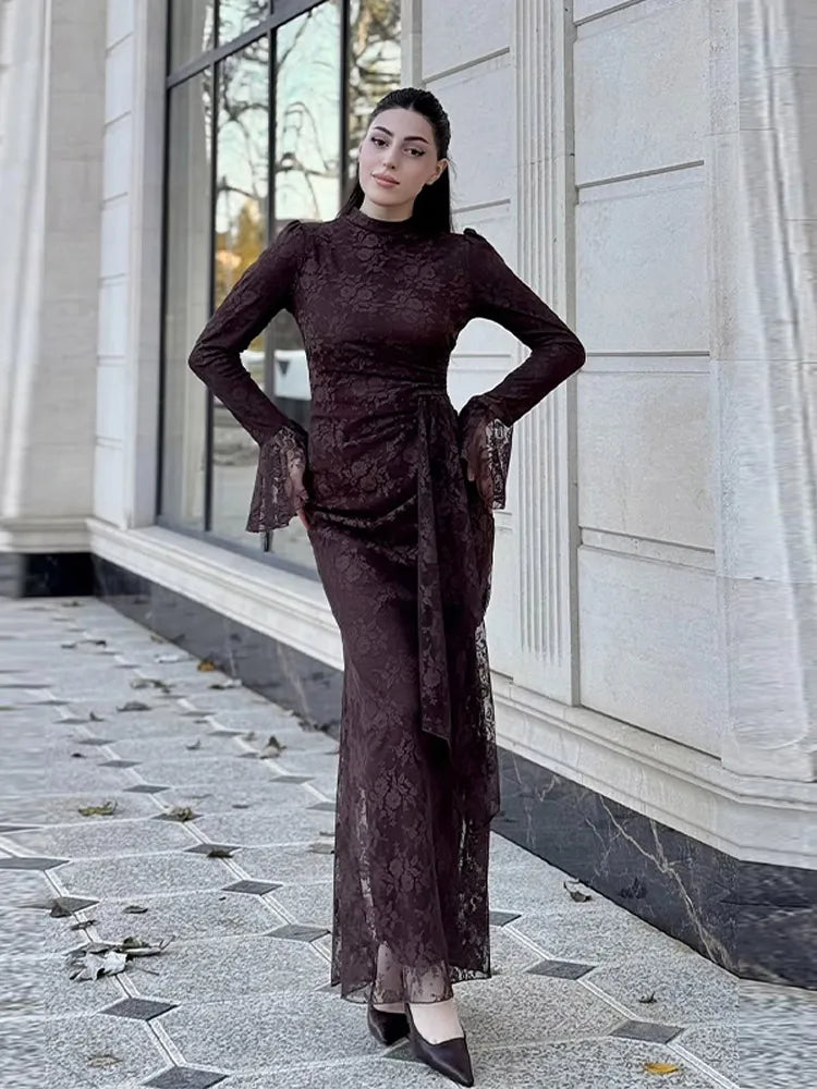 Sexy Lace Long Evening Dress Women Solid Patchwork Ribbon Flare Long Sleeve O-neck Female Dresses 2025 Spring Club Lady Robes