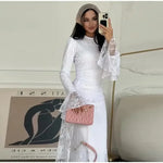 Sexy Lace Long Evening Dress Women Solid Patchwork Ribbon Flare Long Sleeve O-neck Female Dresses 2025 Spring Club Lady Robes