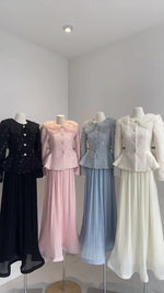 LGRQ French Chic Style Floral Collar Single Breasted Blazer Coat With Maxi Pleated Skirts Female Elegant Sets Trendy Clothing