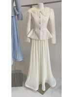 LGRQ French Chic Style Floral Collar Single Breasted Blazer Coat With Maxi Pleated Skirts Female Elegant Sets Trendy Clothing