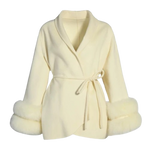 White Wool Wrap Jacket with Fur Trim