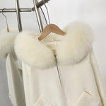 Plush Fur-Hood Knit Jacket with Pockets