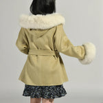 Hooded Belted Coat with Faux Fur Trim